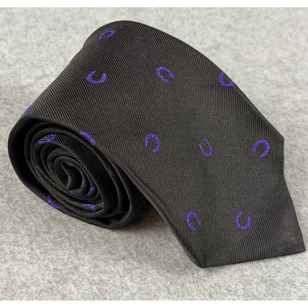 Hickey‎ Freeman 100% Silk Black Purple Horseshoe Print Necktie USA 57x3.4"